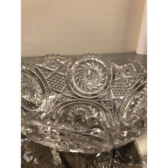 Vintage Cut Crystal Glass Serving Bowl w/ Pinwheel Star Pattern Tooth Edge - Picture 11 of 13